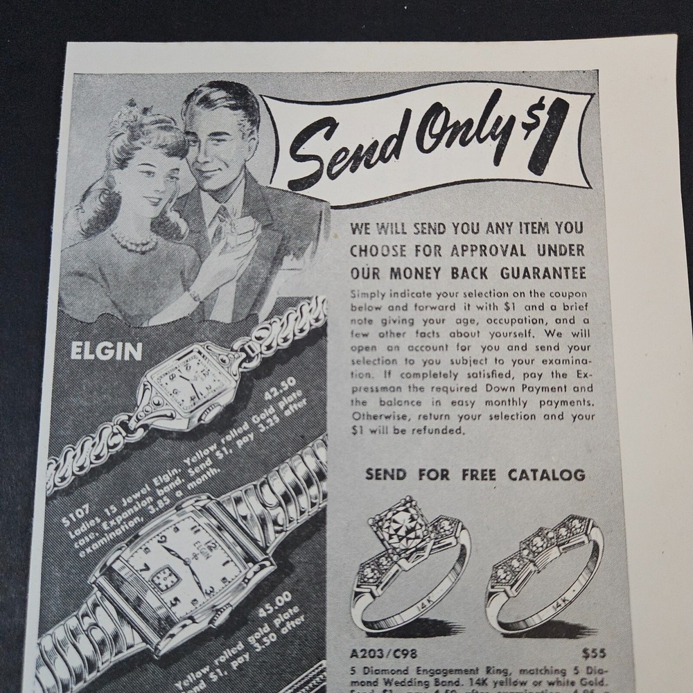 1949 LW Sweet‎ Jeweler Elgin Watch Diamond Ring Vintage Print Ad Happy Couple